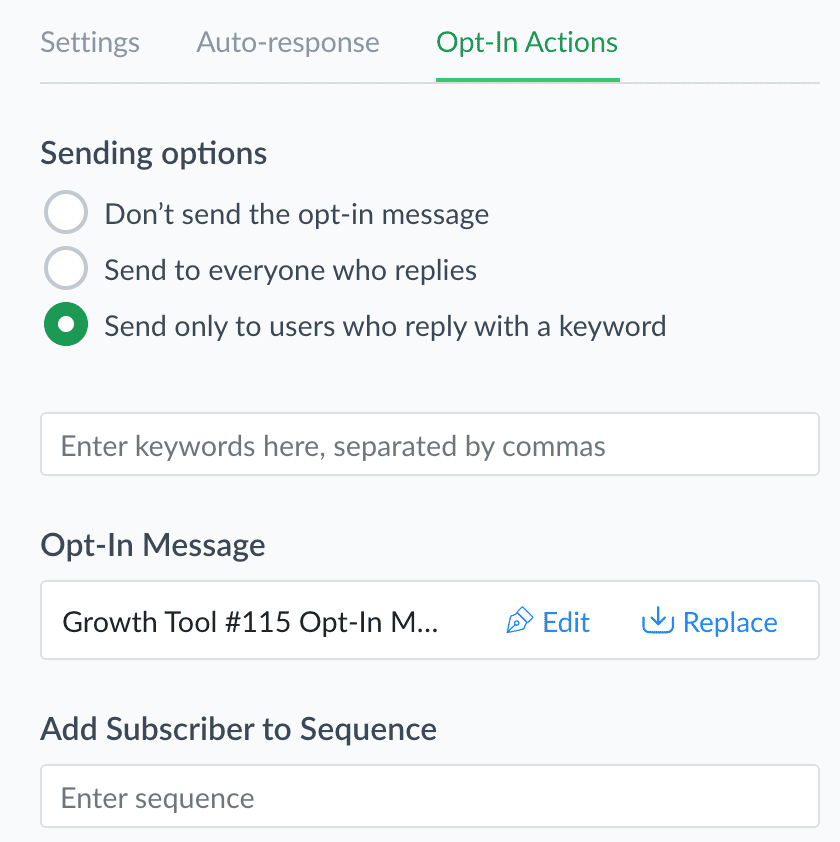 Opt-in Actions Send by Keywords Manychat