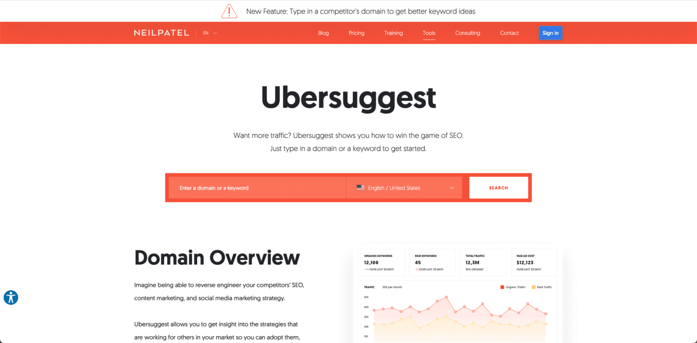 ตัวอย่างหน้าแสดงผล Ubersuggest