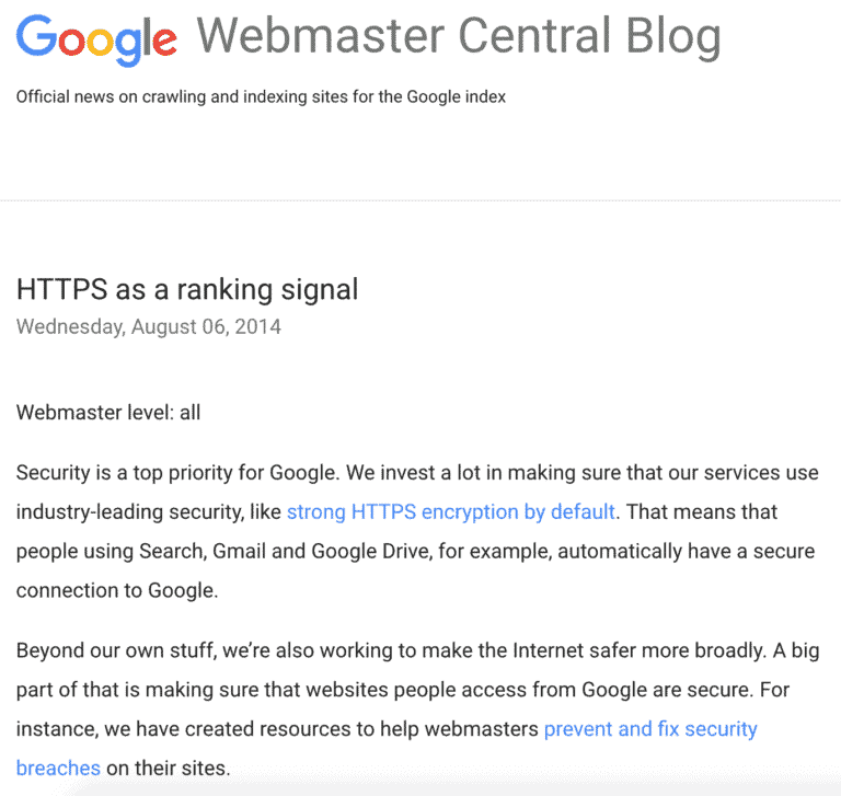 Google ranking factor SSL Certificate
