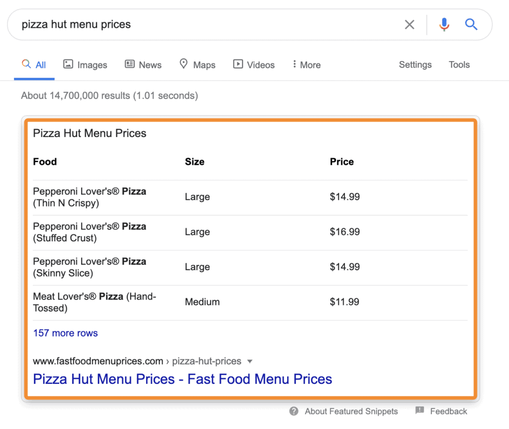 Featured Snippets รูปแบบ ตาราง (Table)