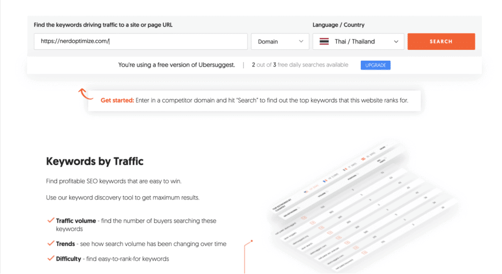 Ubersuggest สามารถทำ Keyword by Traffic