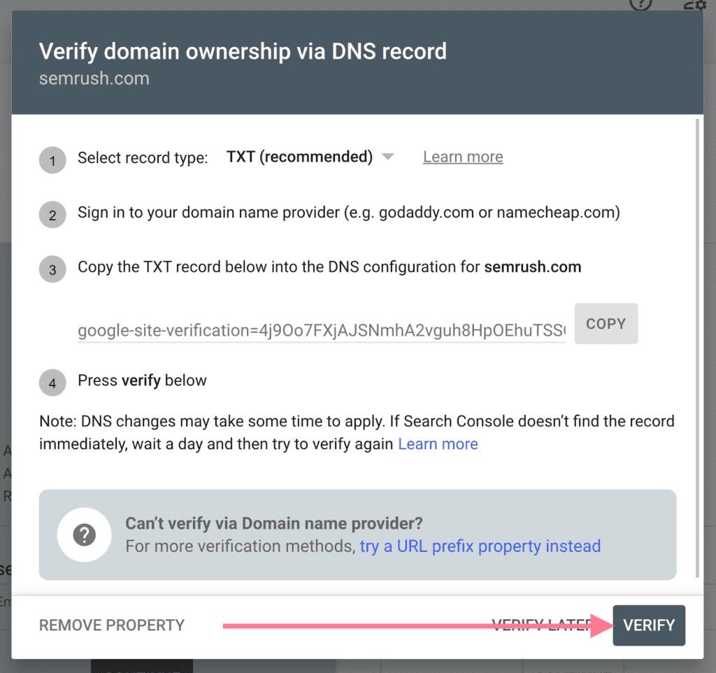 verify domain ownership via DNS record