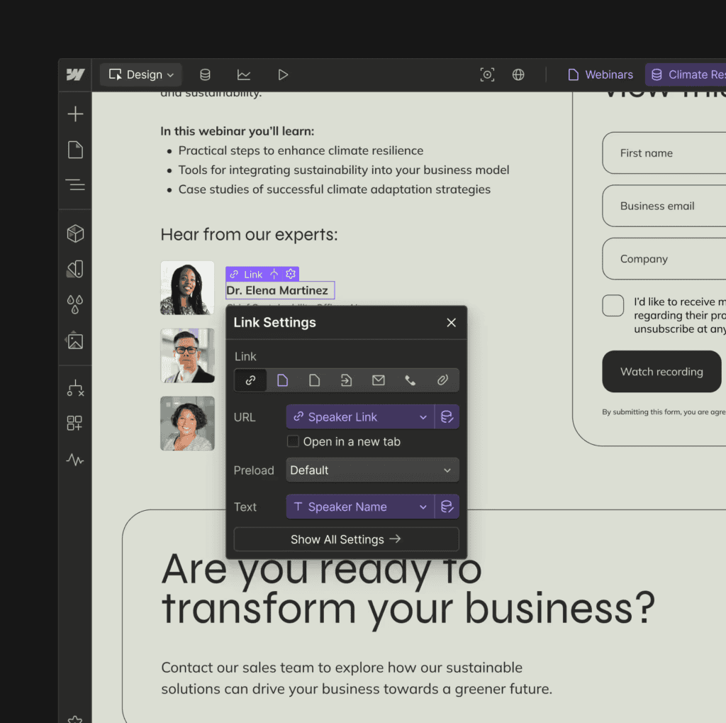 ตัวอย่างหน้าตาของ Webflow