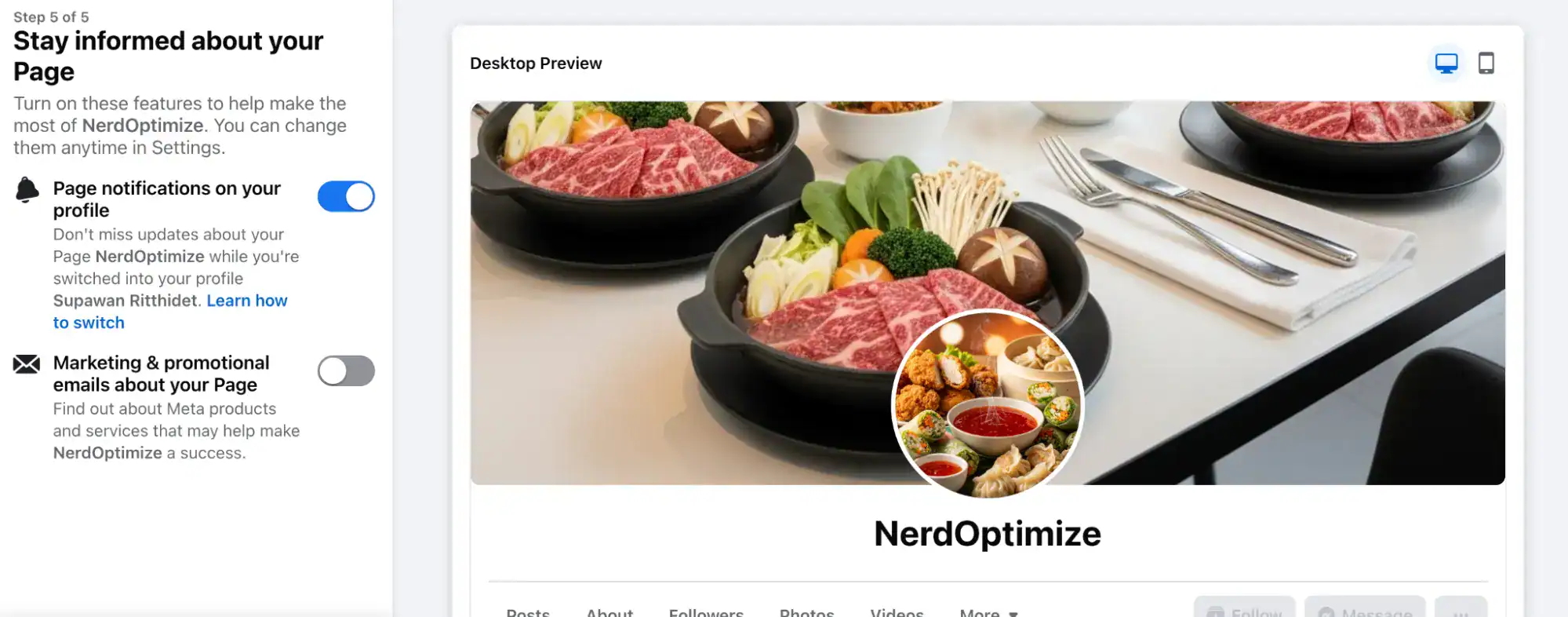 ตัวอย่างการตั้งค่าการแจ้งเตือนและอีเมลการตลาดของเพจ Facebook