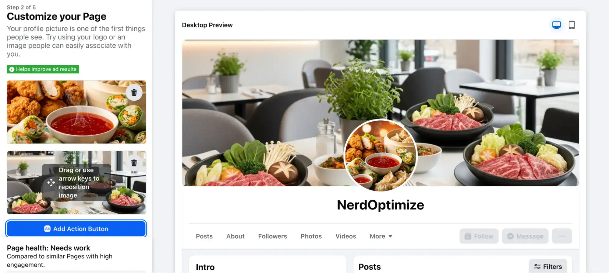 ตัวอย่างการเลือกและปรับภาพโปรไฟล์และภาพปกเพจ Facebook